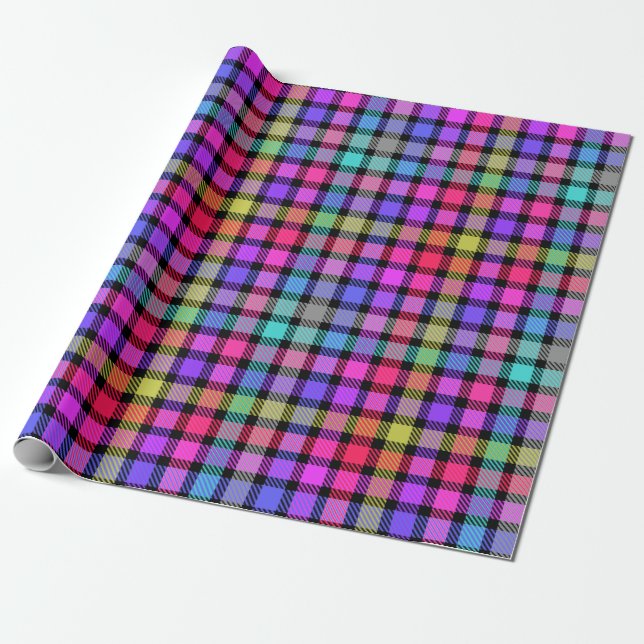 Bright Madras Plaid Rainbow Check Wrapping Paper (Unrolled)