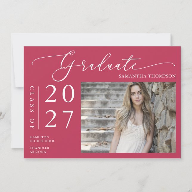 Bright Magenta Minimalist School Graduation Photo Invitation (Front)