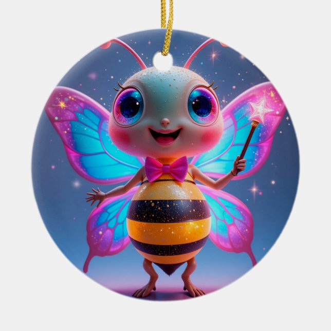 Bright Magical Bee Character With Sparkling Wings Ceramic Tree Decoration (Front)