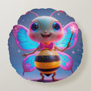 Bright Magical Bee Character With Sparkling Wings Round Cushion