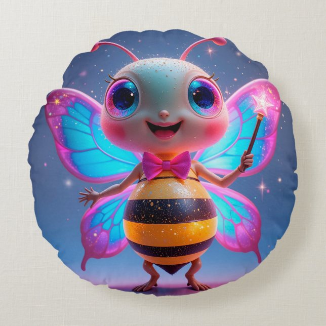Bright Magical Bee Character With Sparkling Wings Round Cushion (Front)