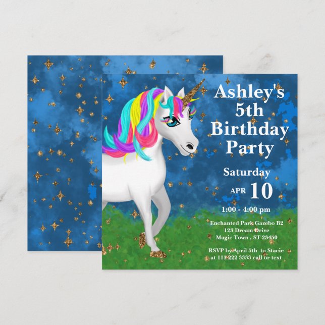 Bright Magical Unicorn 5th Birthday Party Invitation (Front/Back)