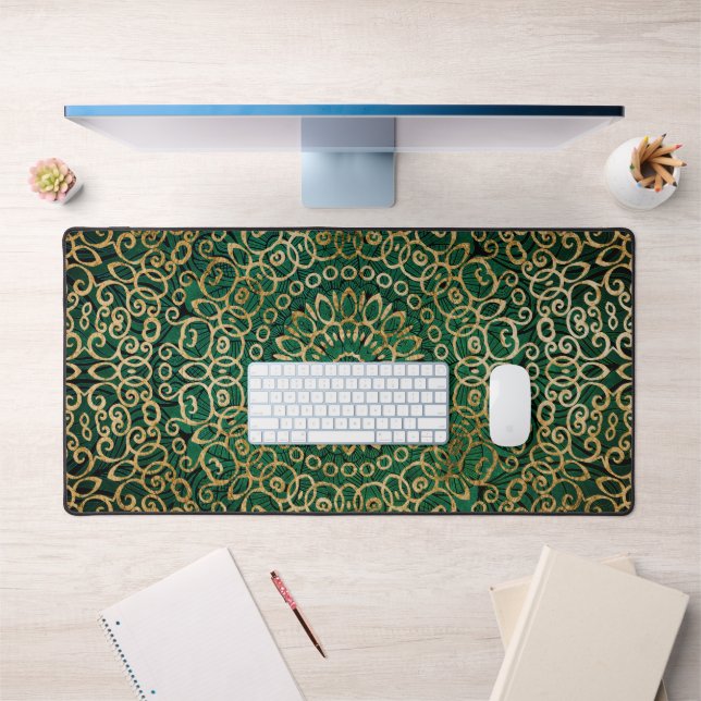  Bright Mandala Art Zen Boho Green And Gold Design Desk Mat (Office 1)