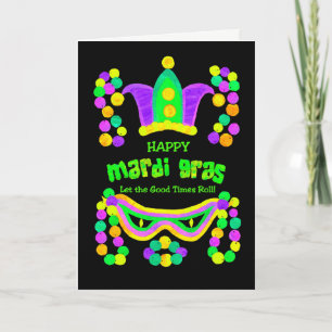 Bright Mardi Gras Card on Black, Crown Mask Beads