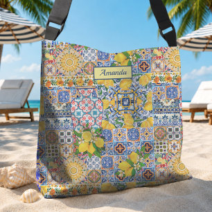 Bright Mediterranean Orange Floral Tile Monogram Crossbody Bag
