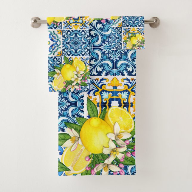 Bright Mediterranean Sicilian Tiles Citrus Lemons Bath Towel Set (Insitu)