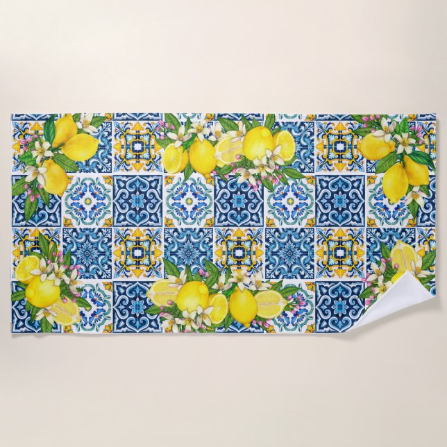 Bright Mediterranean Sicilian Tiles Citrus Lemons Beach Towel (Front)