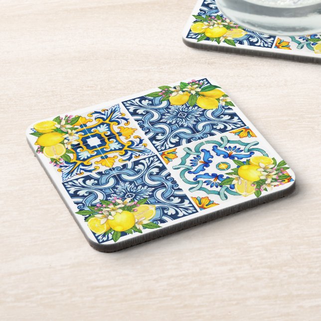 Bright Mediterranean Sicilian Tiles Citrus Lemons Coaster (Left Side)