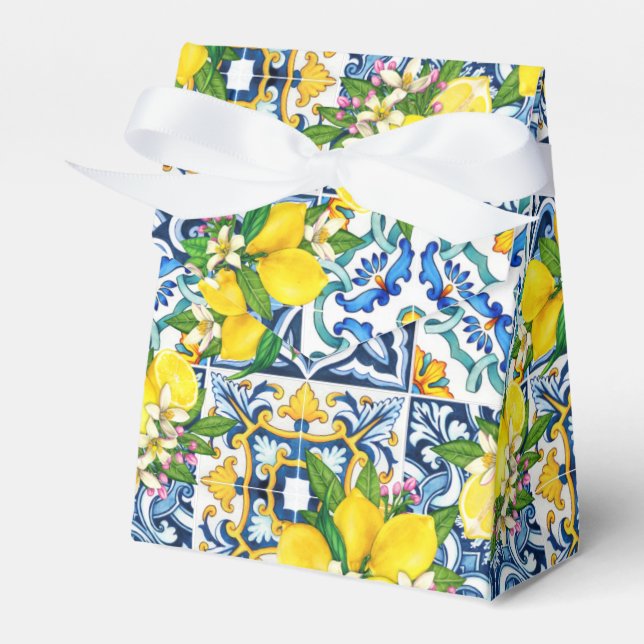 Bright Mediterranean Sicilian Tiles Citrus Lemons Favour Box (Front Side)