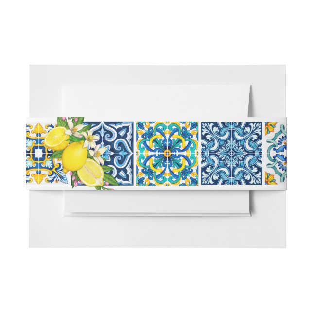 Bright Mediterranean Sicilian Tiles Citrus Lemons Invitation Belly Band (Front Example)