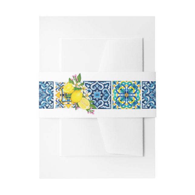 Bright Mediterranean Sicilian Tiles Citrus Lemons  Invitation Belly Band (Front Example)