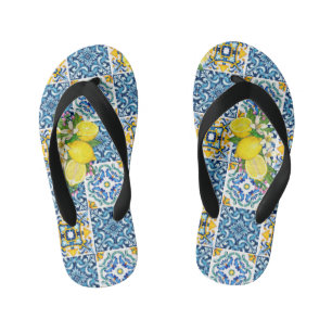 Bright Mediterranean Sicilian Tiles Citrus Lemons Kid's Flip Flops