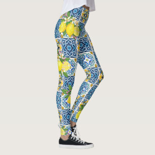 Bright Mediterranean Sicilian Tiles Citrus Lemons Leggings