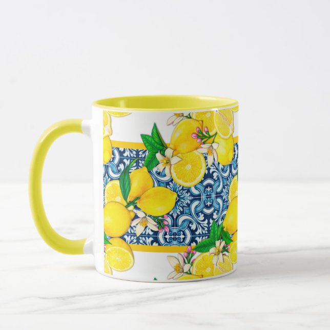 Bright Mediterranean Sicilian Tiles Citrus Lemons Mug (Left)