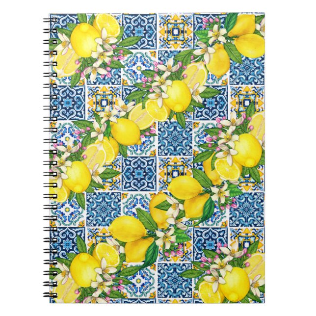 Bright Mediterranean Sicilian Tiles Citrus Lemons  Notebook (Front)