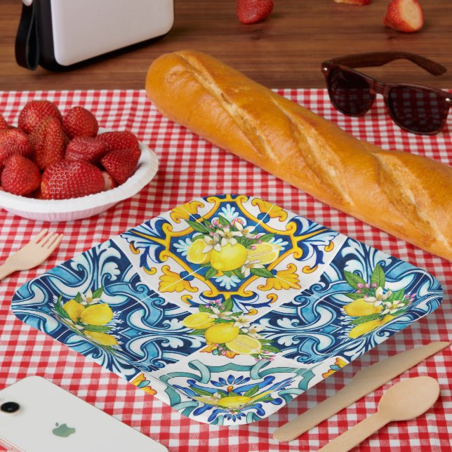 Bright Mediterranean Sicilian Tiles Citrus Lemons Paper Plate (Picnic)