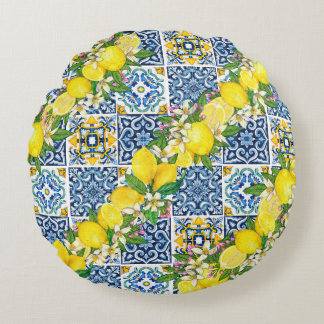 Bright Mediterranean Sicilian Tiles Citrus Lemons Round Cushion