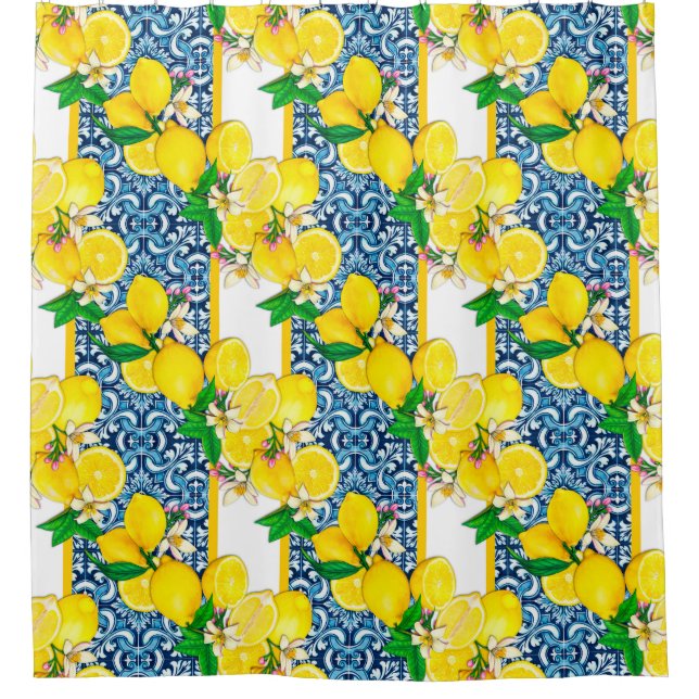 Bright Mediterranean Sicilian Tiles Citrus Lemons Shower Curtain (Front)
