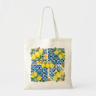 Bright Mediterranean Sicilian Tiles Citrus Lemons Tote Bag