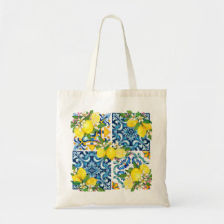Bright Mediterranean Sicilian Tiles Citrus Lemons Tote Bag