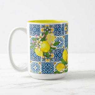 Bright Mediterranean Sicilian Tiles Citrus Lemons  Two-Tone Coffee Mug