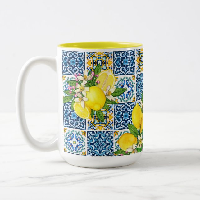 Bright Mediterranean Sicilian Tiles Citrus Lemons  Two-Tone Coffee Mug (Left)