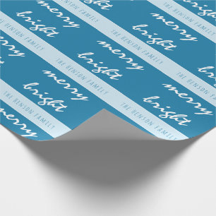 Bright Merry Script Blue Christmas Family Name Wrapping Paper
