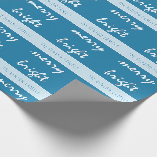 Bright Merry Script Blue Christmas Family Name Wrapping Paper (Corner)