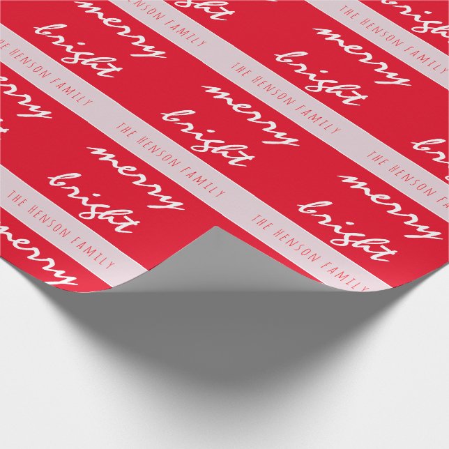 Bright Merry Script Red Christmas Family Name Wrapping Paper (Corner)