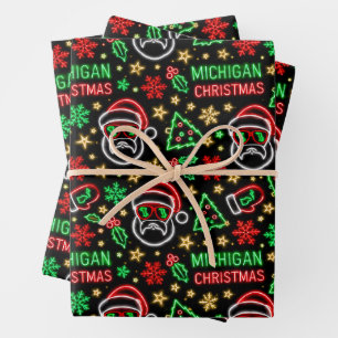 Bright Michigan Christmas Neon Santa Wrapping Paper Sheet