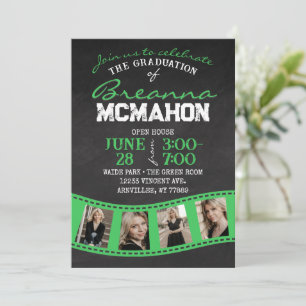 Bright Mint Green Filmstrip Chalkboard Graduation Invitation
