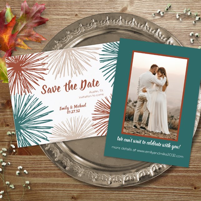 Bright Modern Abstract Dark Teal Copper Bisque  Save The Date (Creator Uploaded)