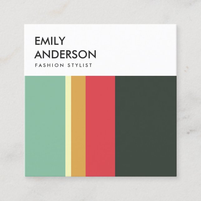 BRIGHT MODERN BOLD PINK YELLOW AQUA NAVY STRIPES SQUARE BUSINESS CARD (Front)