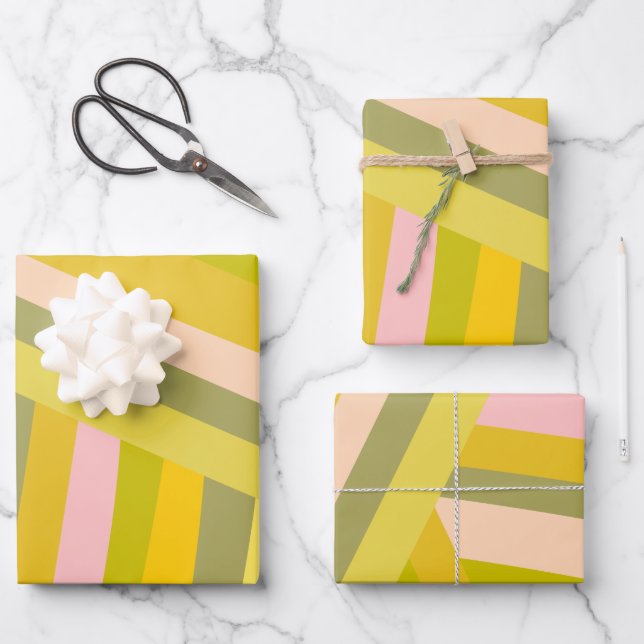 Bright Modern Citrus Stripes Green and Pink Wrapping Paper Sheet (Front)
