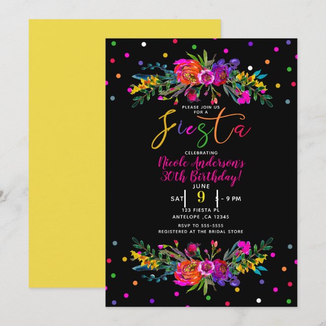Bright Modern Floral & Black Fiesta Birthday Party Invitation (Front/Back)