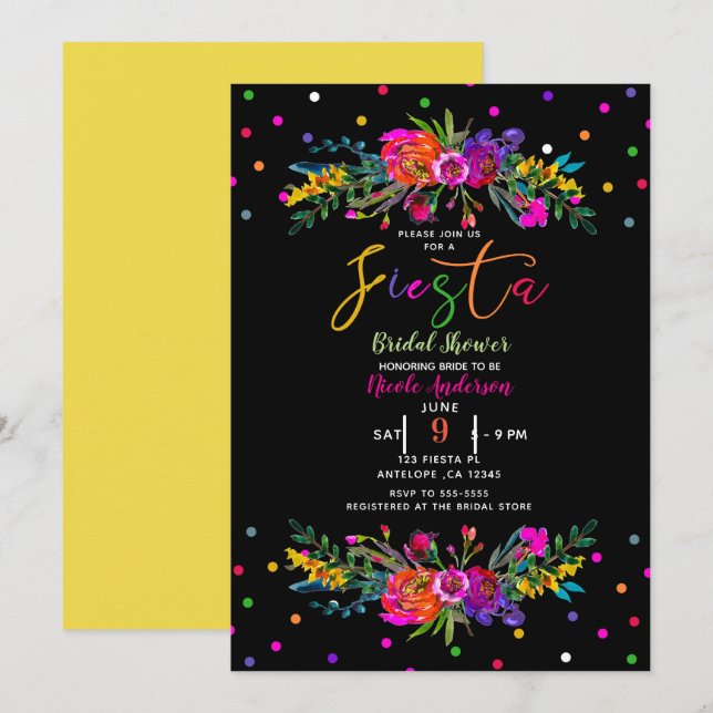 Bright Modern Floral & Black Fiesta Bridal Shower Invitation (Front/Back)