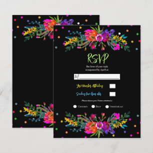 Bright Modern Floral & Black Fiesta RSVP reply  Invitation