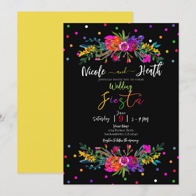 Bright Modern Floral & Black Fiesta Wedding  Invitation (Front/Back)