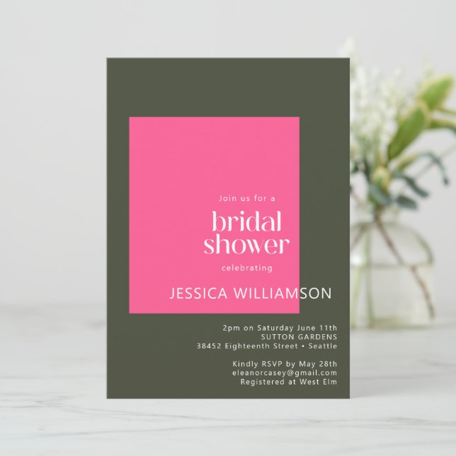 Bright Modern Groovy Pink Green Bridal Shower Invitation (Standing Front)