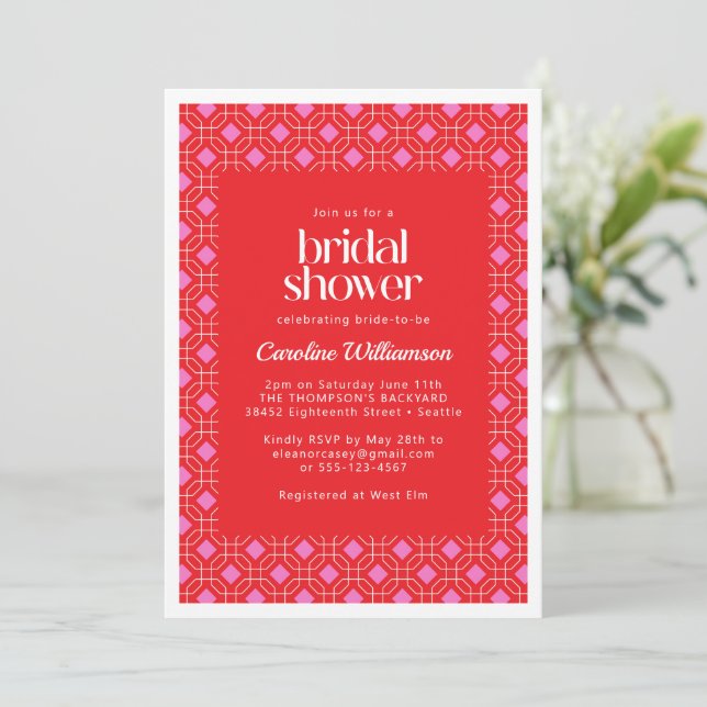 Bright Modern Red Pink Geometric Bridal Shower Invitation (Standing Front)