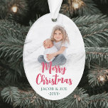Bright Modern Script Merry Christmas 2 Photos Oval Ornament<br><div class="desc">Celebrate the simple joys of the holidays with a colourful modern two photo acrylic oval ornament. The pictures and all text on this template are easy to personalise and can be different or the same on front and back. It can include any wording, such as Merry Christmas, Happy Holidays, Best...</div>