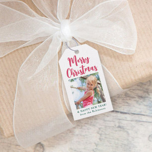Bright Modern Script Merry Christmas Simple Photo Gift Tags