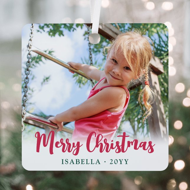 Bright Modern Script Merry Christmas Simple Photo Metal Tree Decoration (Creator Uploaded)