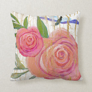 Bright Modern Vintage Floral Pink w Butterfly Wood Cushion