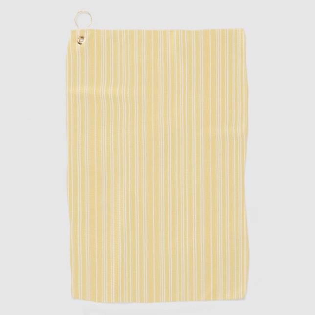 Bright modern yellow and white candy striped  golf towel (Front)