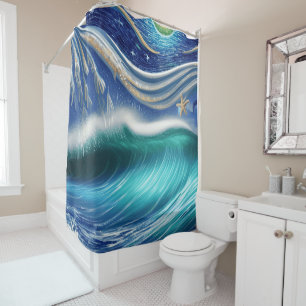 Bright Moon Blue Blue Waves Shower Curtain