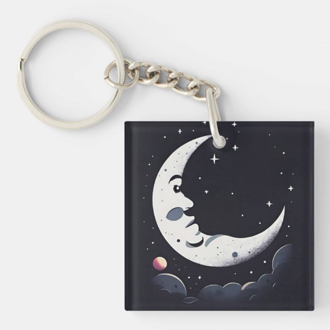 Bright moon face in dark sky key ring (Front)