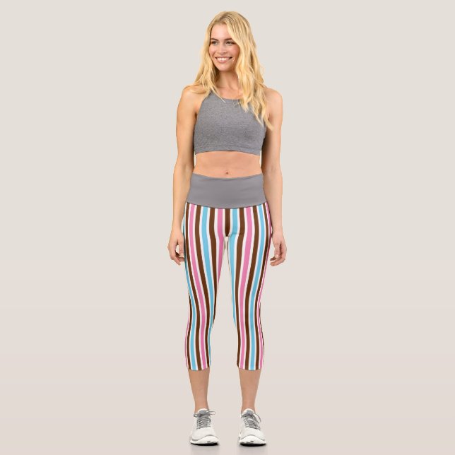Bright Multi-Colour Stripe Striped Abstract Style Capri Leggings (Front)