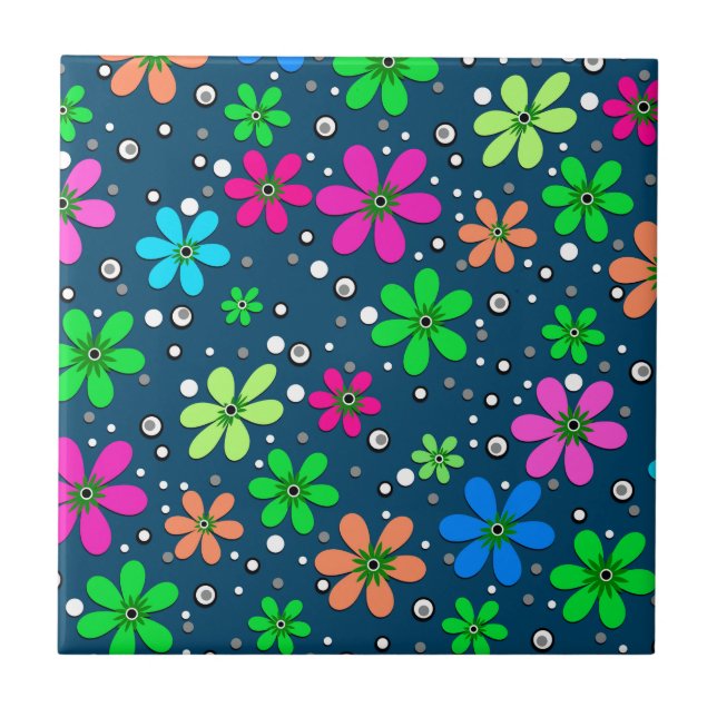 Bright multi-coloured chamomile flowers on a blue  tile (Front)