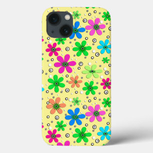 Bright multi-coloured chamomile flowers on a yello iPhone 13 case
